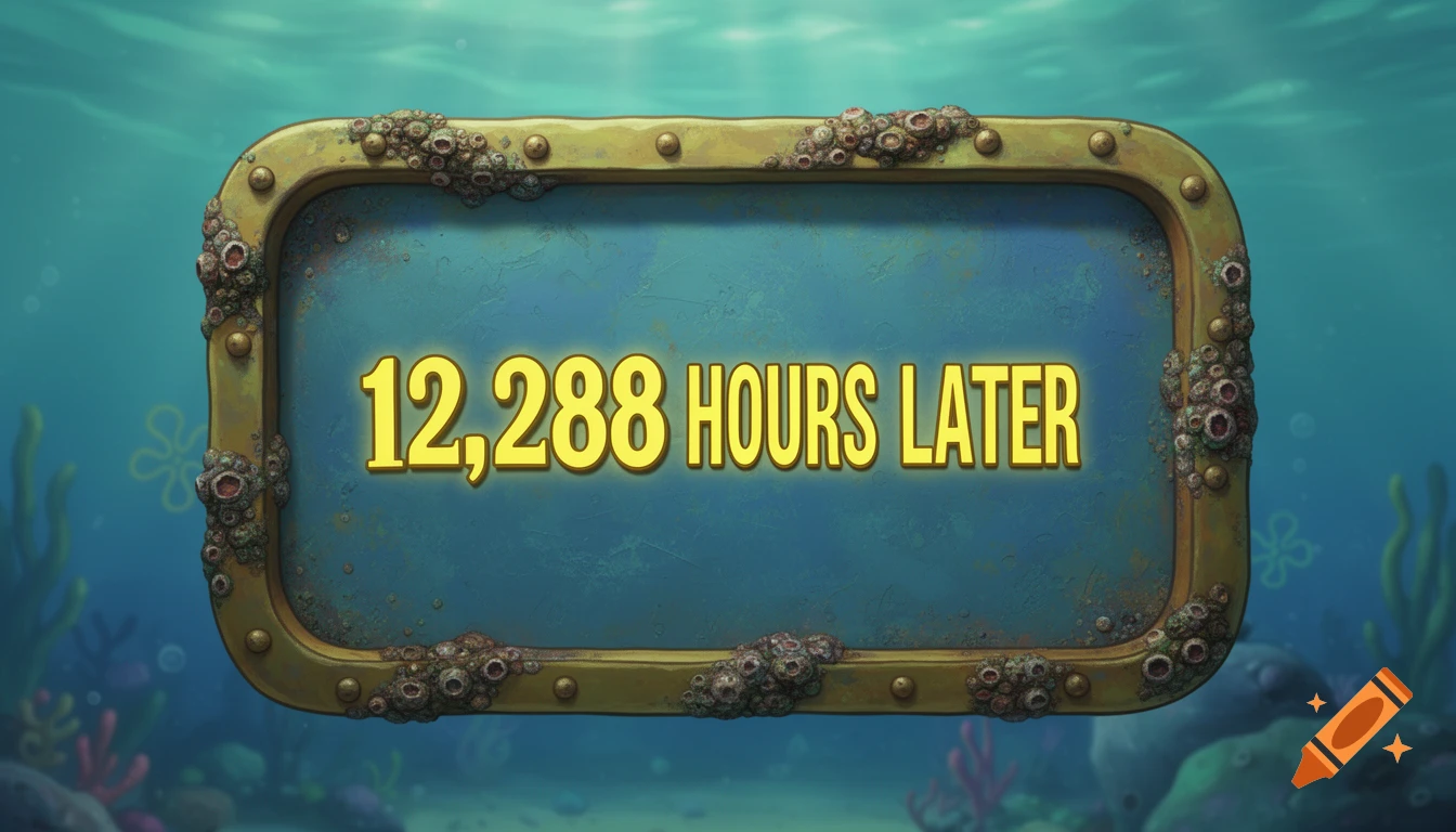 An underwater Spongebob-style time card with barnacles, displaying "12,288 HOURS LATER" in yellow text.