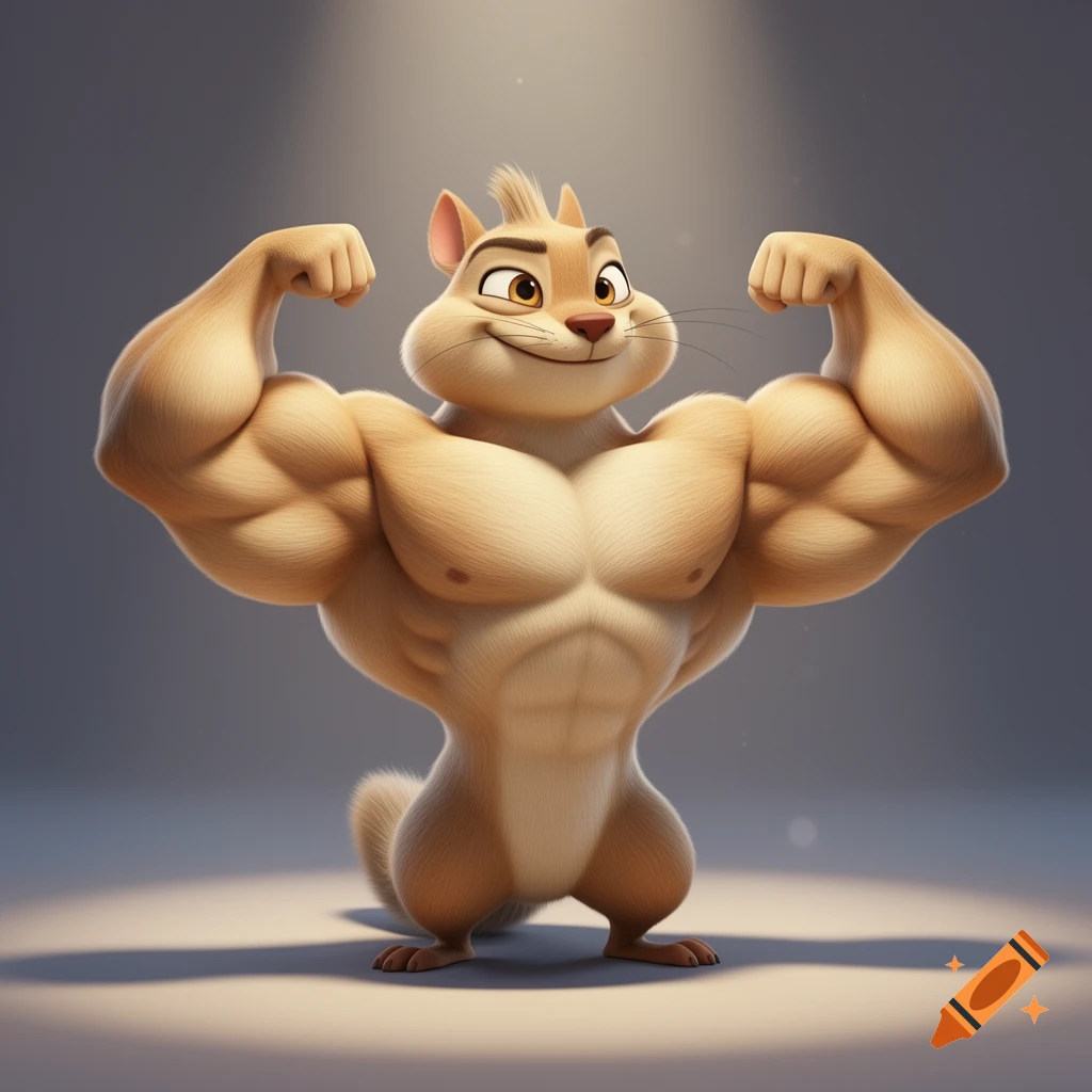 A very muscular, light brown cartoon squirrel-like character flexing its biceps on a gray background, lit from above.
