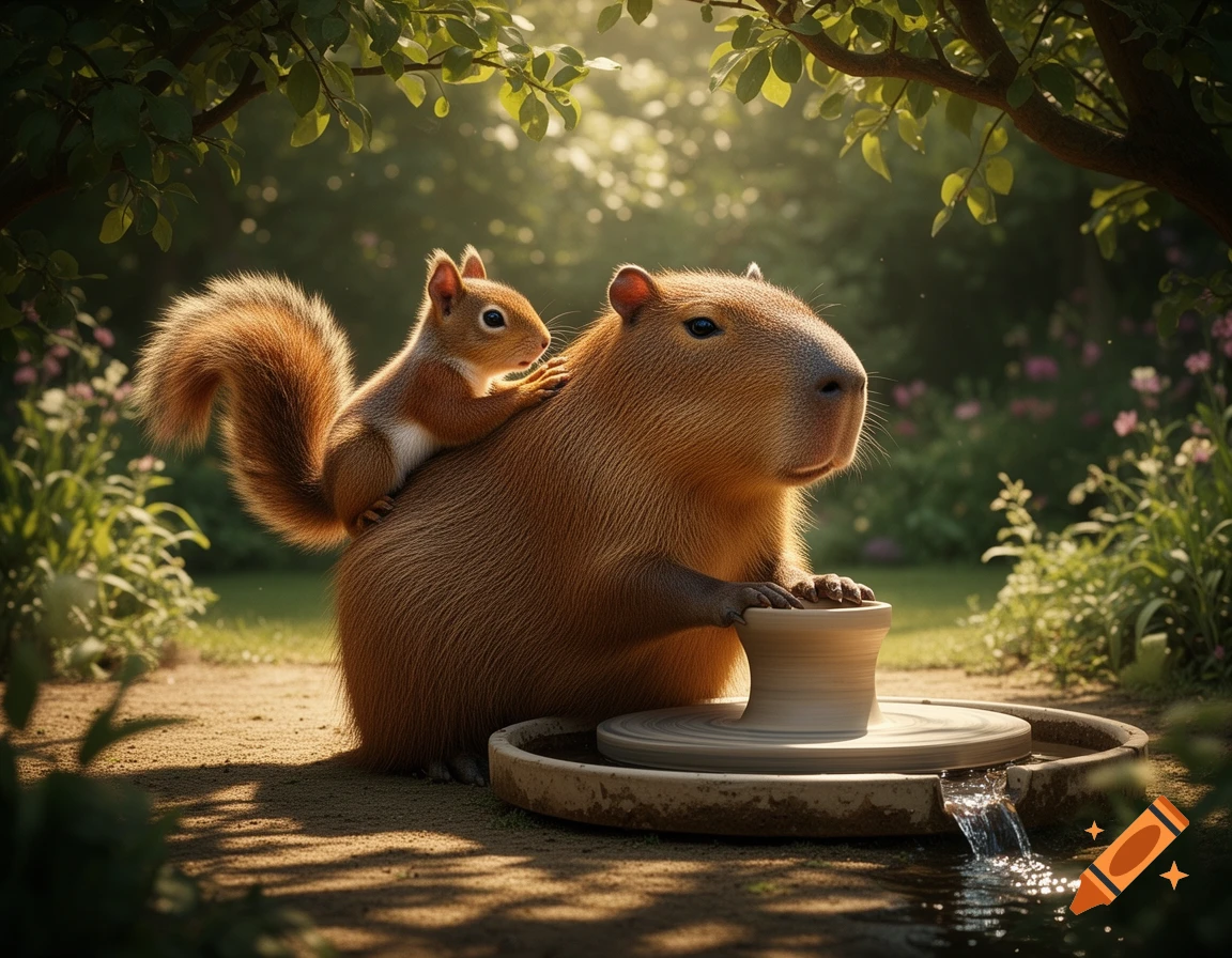 A squirrel rides on a capybara's back as the capybara works a pottery wheel in a lush, sunlit garden.