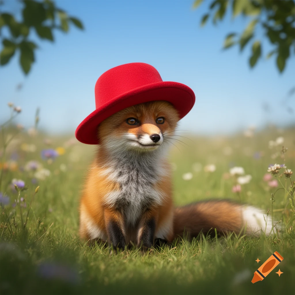 A cute fox wearing a red hat sits in a grassy field with wildflowers under a clear blue sky.