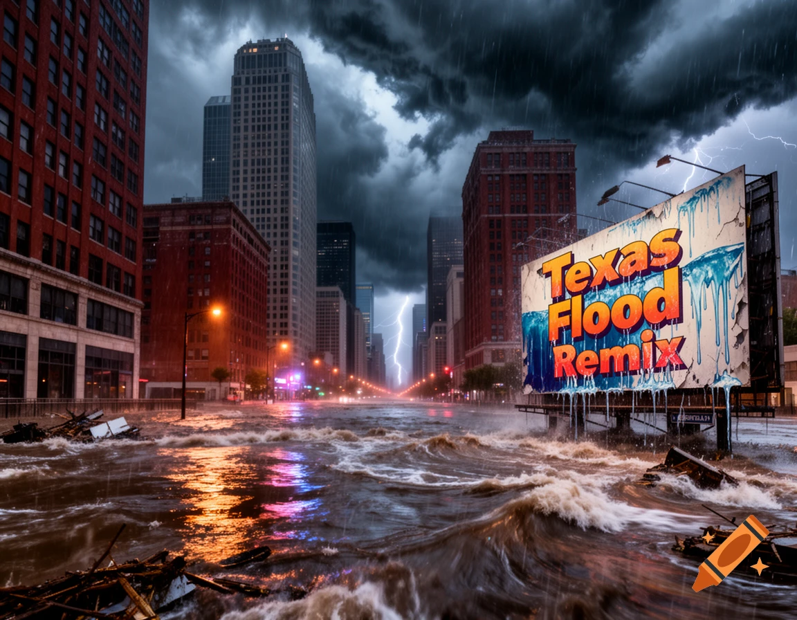 A flooded city street during a severe thunderstorm with lightning, a prominent billboard displays 'Texas Flood Remix'.