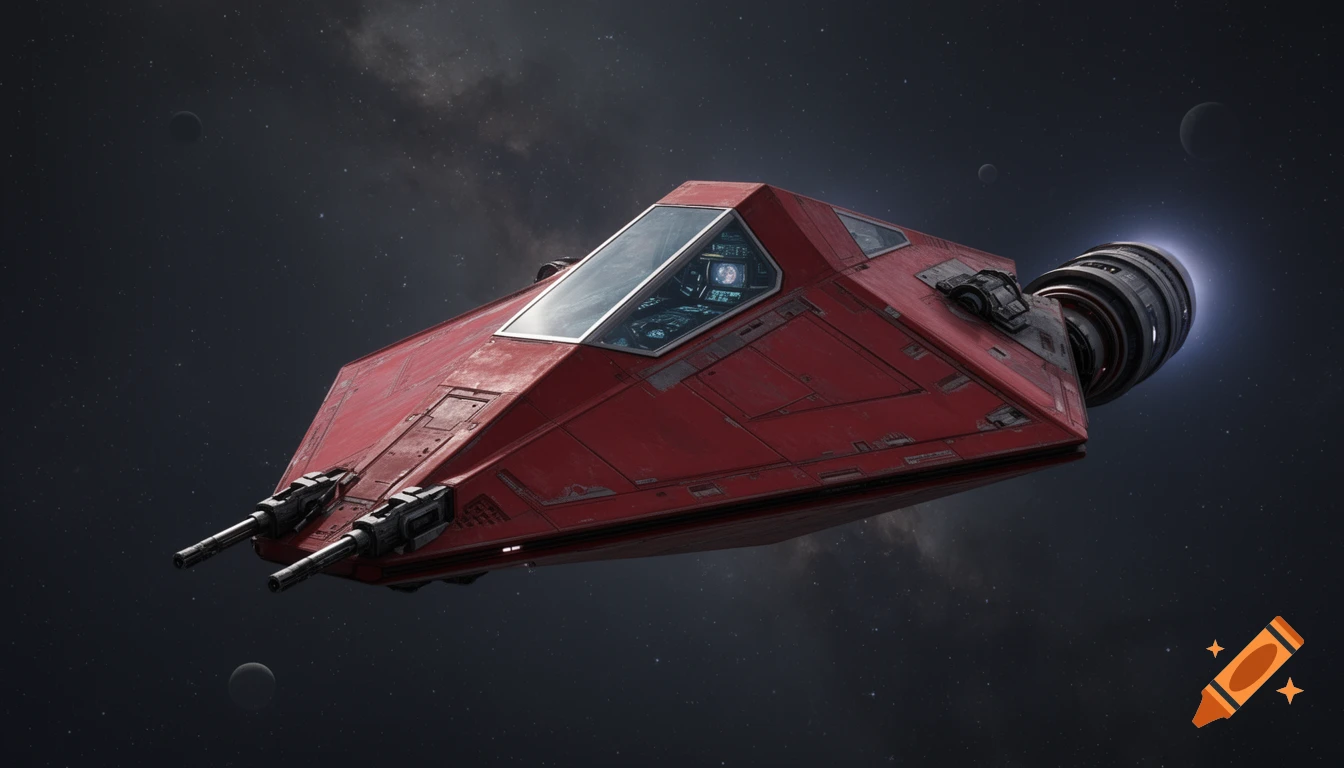 A detailed red spaceship with guns and a glowing engine flies through deep space with stars and distant planets.
