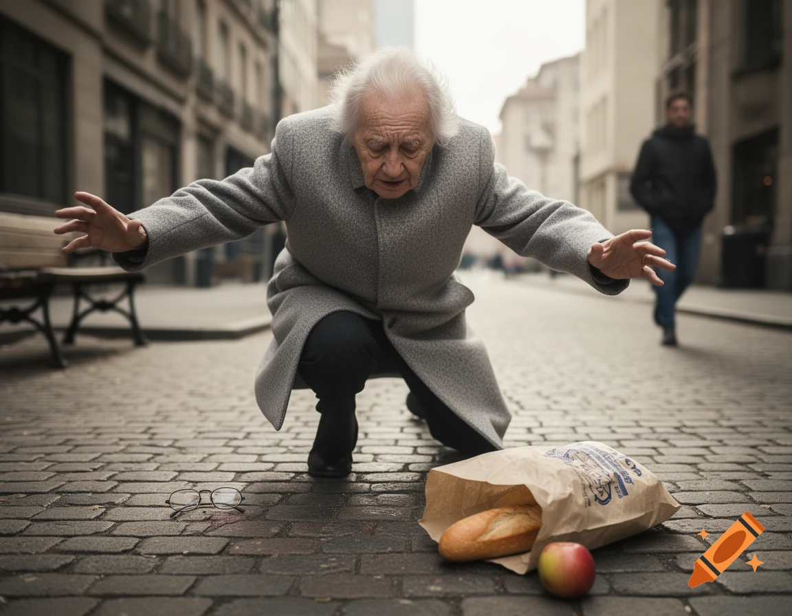 An elderly person in a grey coat kneels on a cobblestone street, reaching out with both hands as a paper bag with a baguette and apple spills beside them. Another person walks in the blurred background.