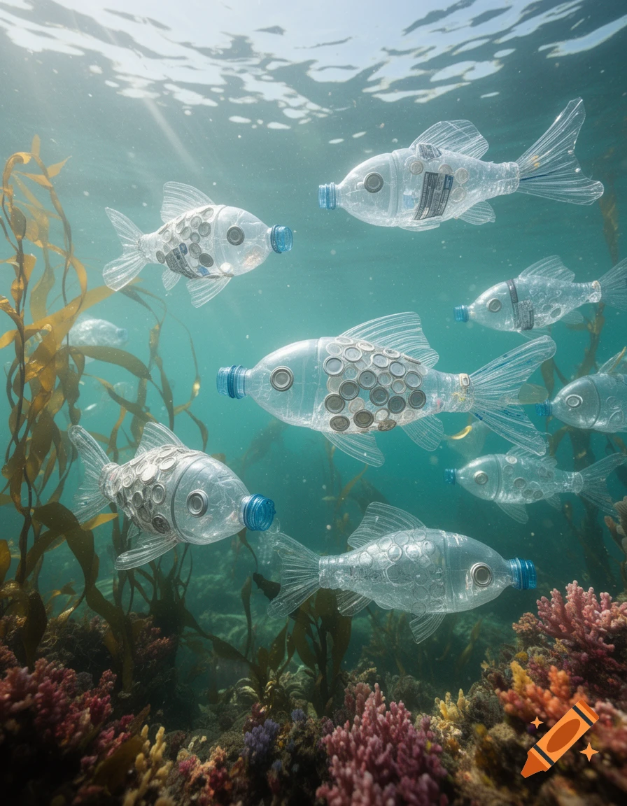 An underwater scene showing many fish shaped like plastic bottles with blue caps, swimming among coral and kelp under the sunlight.
