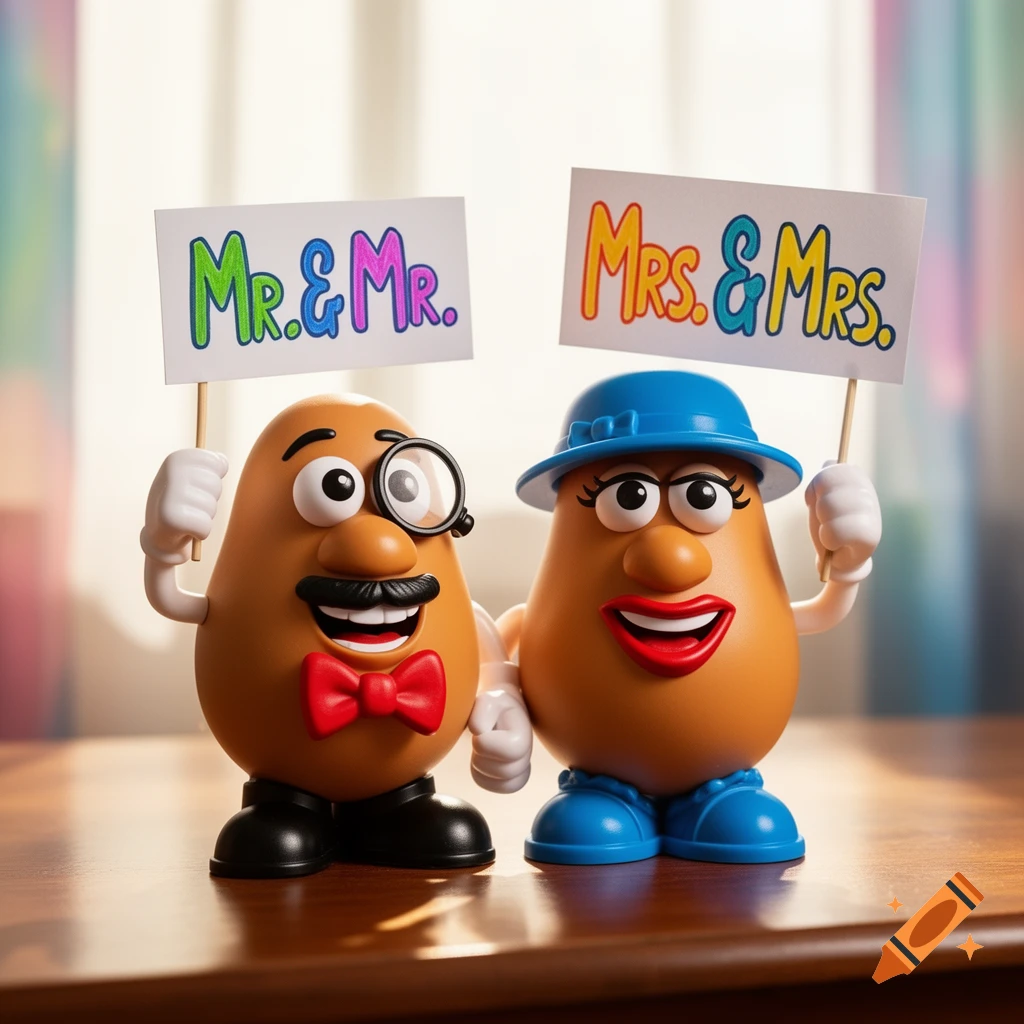 Mr. Potato Head and Mrs. Potato Head figurines holding 'Mr. & Mr.' and 'Mrs. & Mrs.' signs on a table.