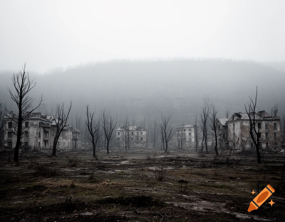 Photorealistic image of a desolate, fog-shrouded valley with scattered bare trees and dilapidated, abandoned buildings.