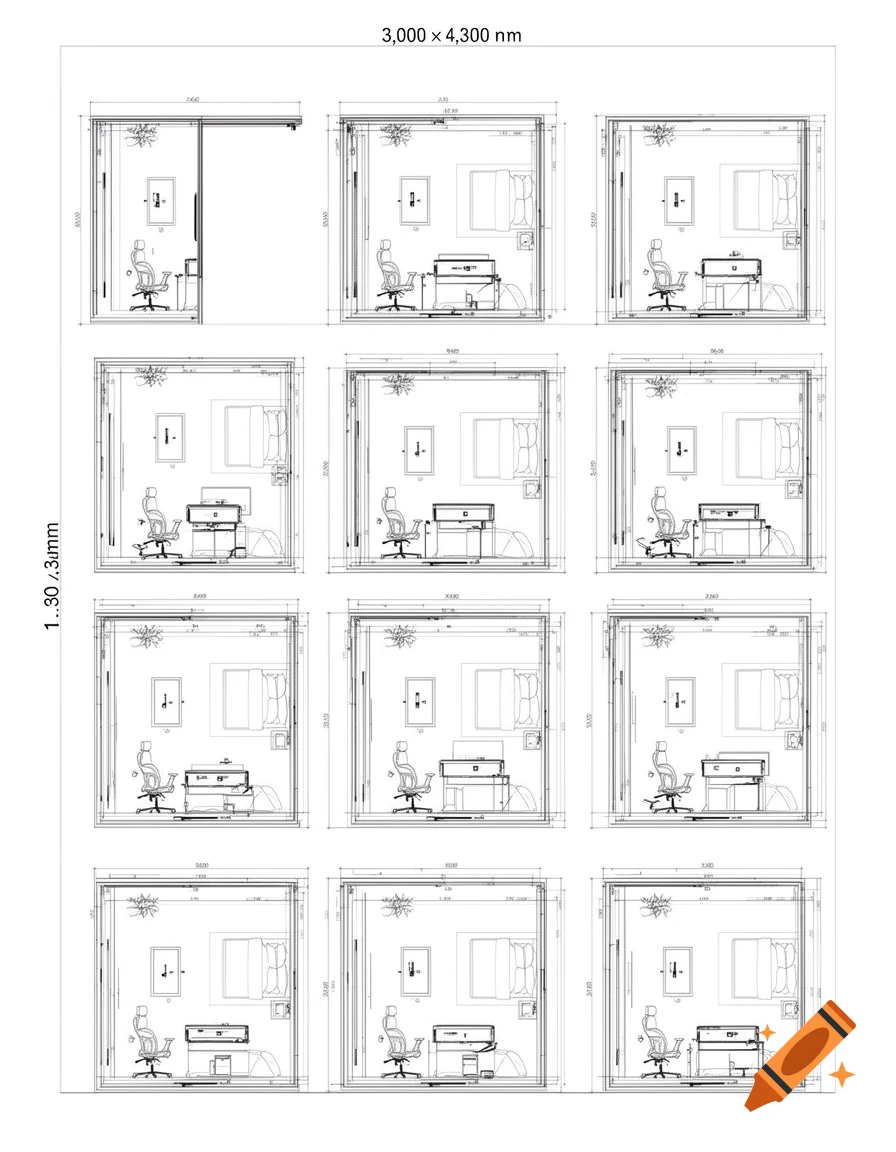 A grid of nine detailed black and white architectural floor plans for a 3000x4300 nm room, showing different furniture layouts.