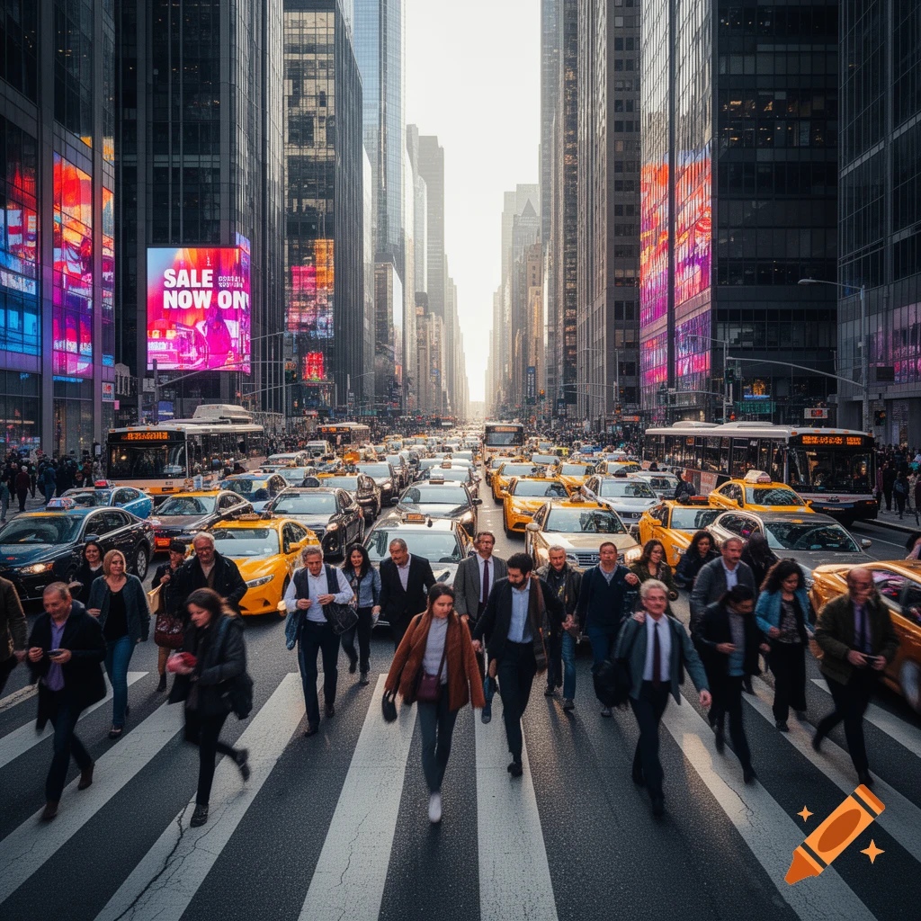 A bustling city street with pedestrians crossing a crosswalk, yellow taxis, and buses, framed by tall buildings with bright billboards.