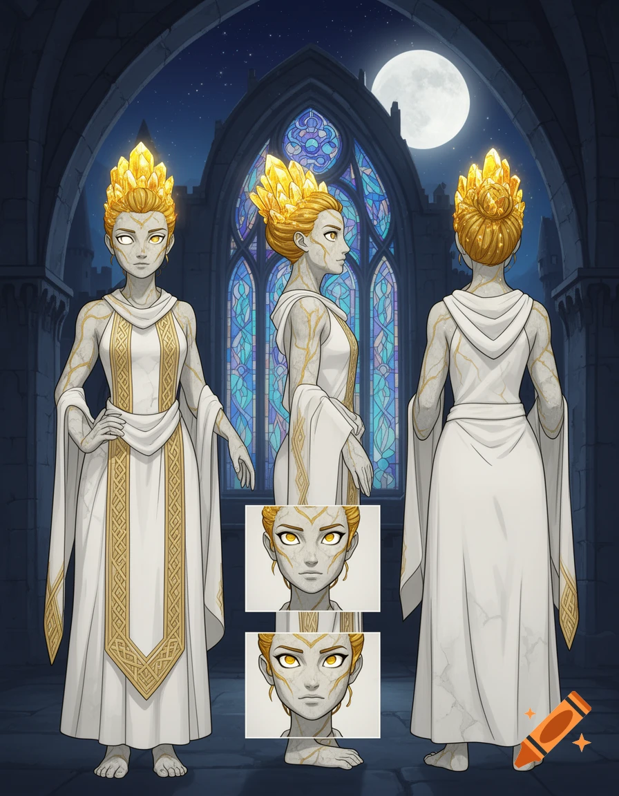 Cel-shaded character sheet of an Earth genasi woman with marble skin and golden crystal hair, wearing white and gold robes, against a gothic arch and full moon.