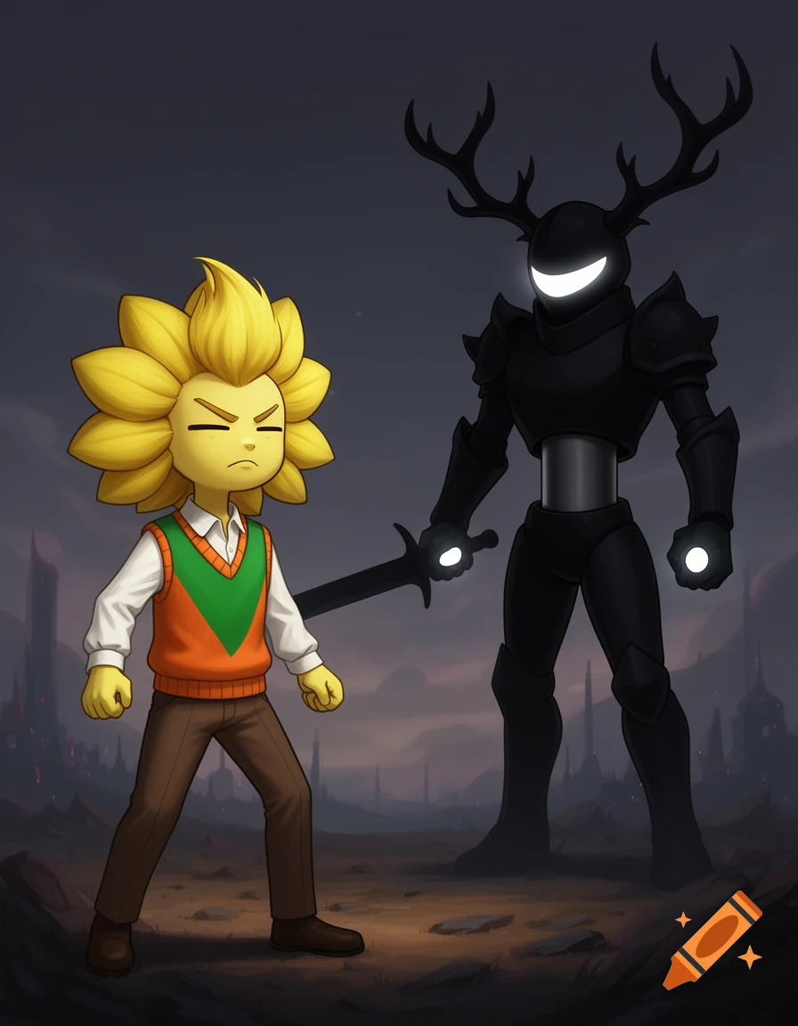 A stylized human-like sunflower character in a sweater stands defiantly before a towering dark knight with glowing eyes and antlers, holding a black sword.