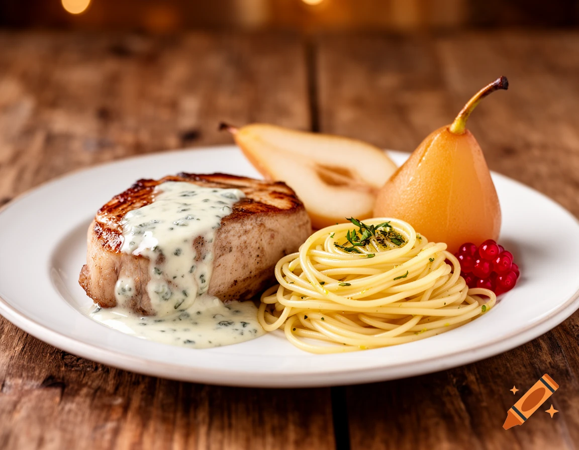 Photorealistic close-up of a pork fillet with creamy sauce, spaghetti, pears, and red berries on a white plate set on a wooden table.