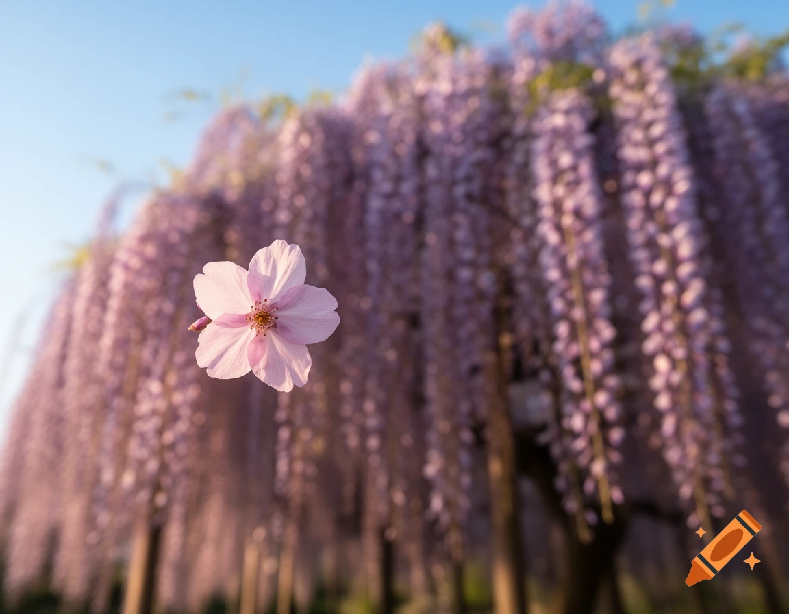 A single light pink cherry blossom in sharp focus, with a blurred purple wisteria tree in the background under a blue sky.