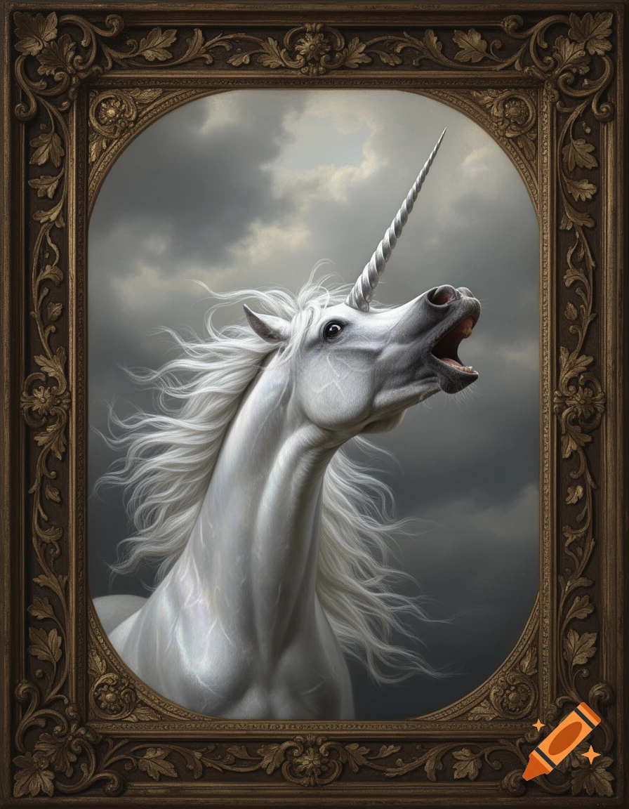 A majestic white unicorn with a spiraling horn, head raised and mouth open, set against a stormy sky, within an ornate gold renaissance-style frame.