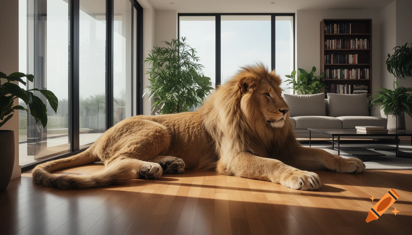 A large, photorealistic Nundu, a lion-like magical beast, rests calmly on a hardwood floor in a modern living room with tall windows and plants.