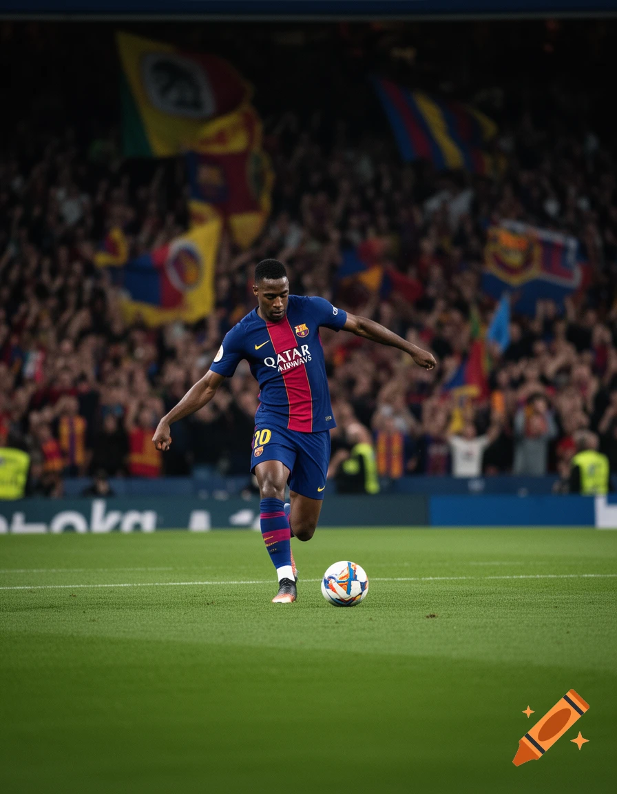 A photorealistic image of a dark-skinned footballer in a blue and red jersey dribbling a ball on a green pitch in a stadium filled with spectators.