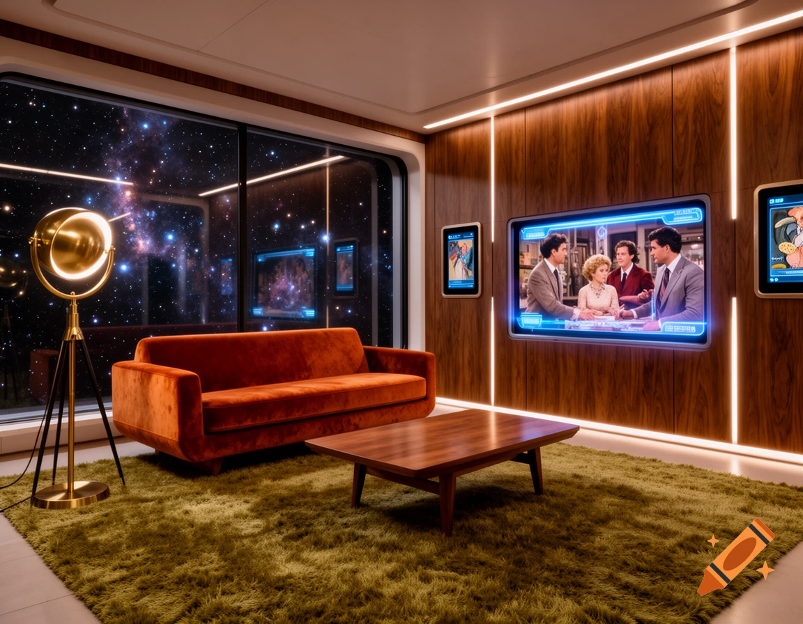 A retro-futuristic living room with an orange velvet sofa, a large window revealing space, and a TV playing a show on a wood-paneled wall.