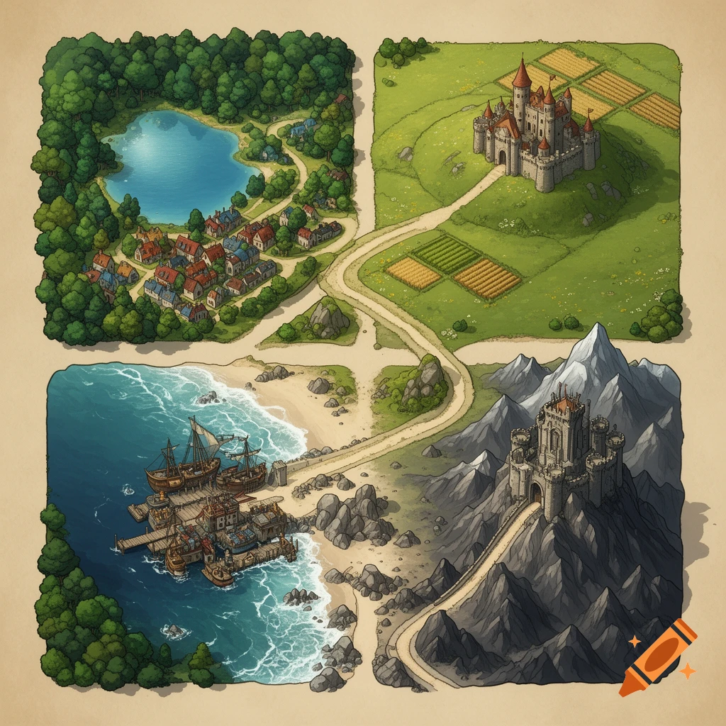 An isometric fantasy map divided into four quadrants: a forest lake village, a castle with fields, a coastal harbor town, and a mountain fortress, all connected by a winding path.