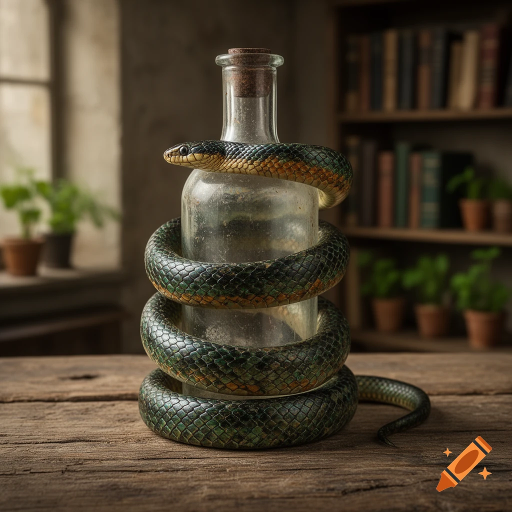 A green and orange snake coiled around a dusty glass bottle on a rustic wooden table, with a blurred background of bookshelves and plants.