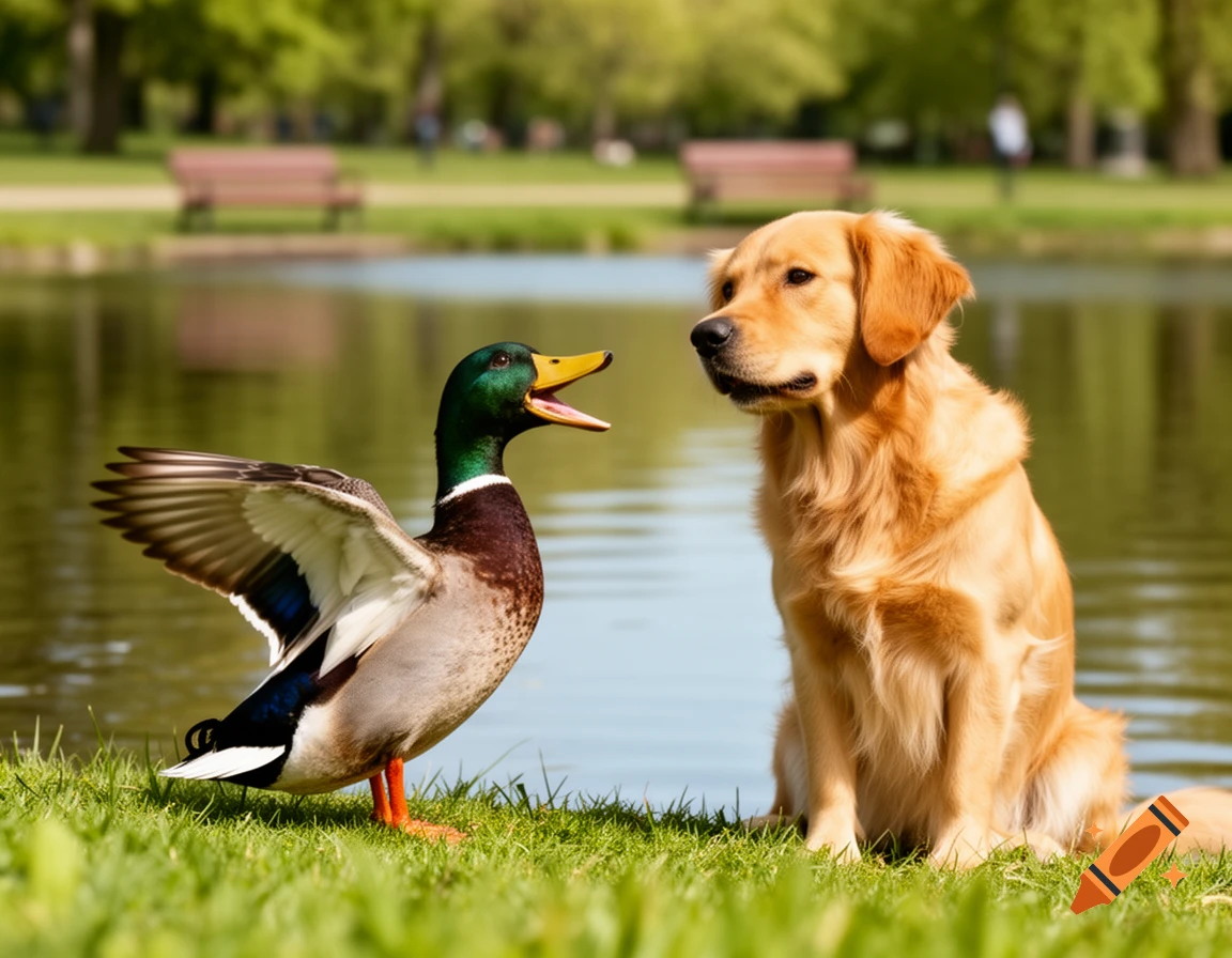A mallard duck with open beak and spread wings appears to yell at a sitting golden retriever on grass by a pond in a park.