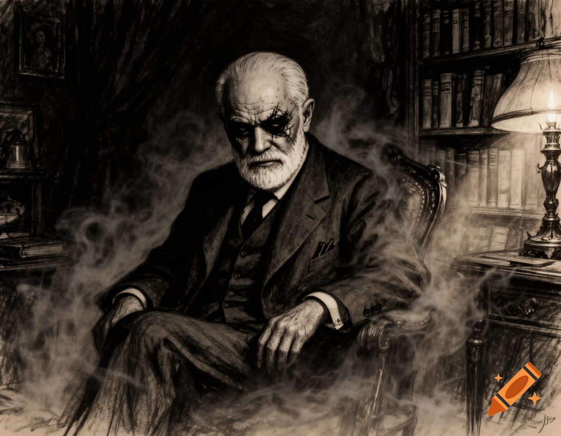 Grayscale sketch of Sigmund Freud with a white beard and a dark spiderweb eye pattern, sitting in a smoky armchair within a dim study.