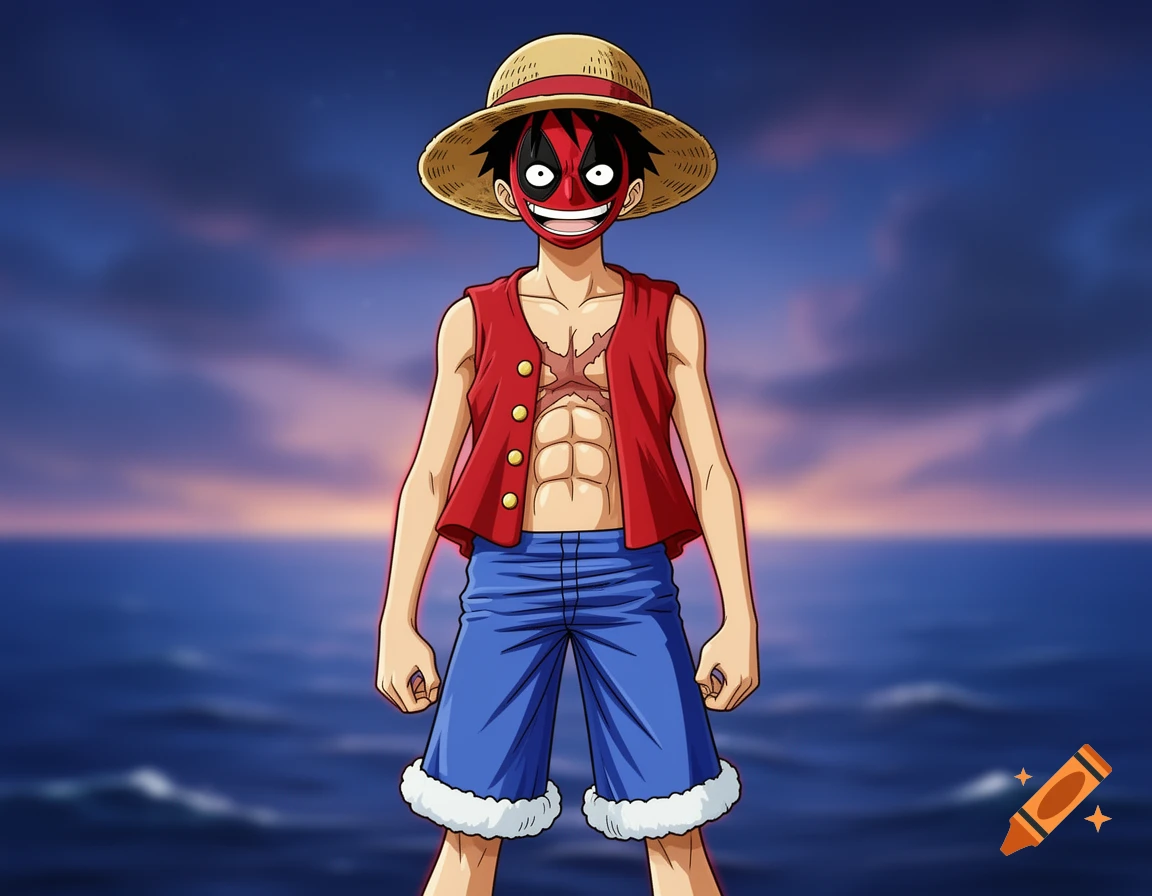 A full-body anime illustration of Luffy wearing his post-timeskip outfit and a Deadpool mask stands against a sunset ocean background.