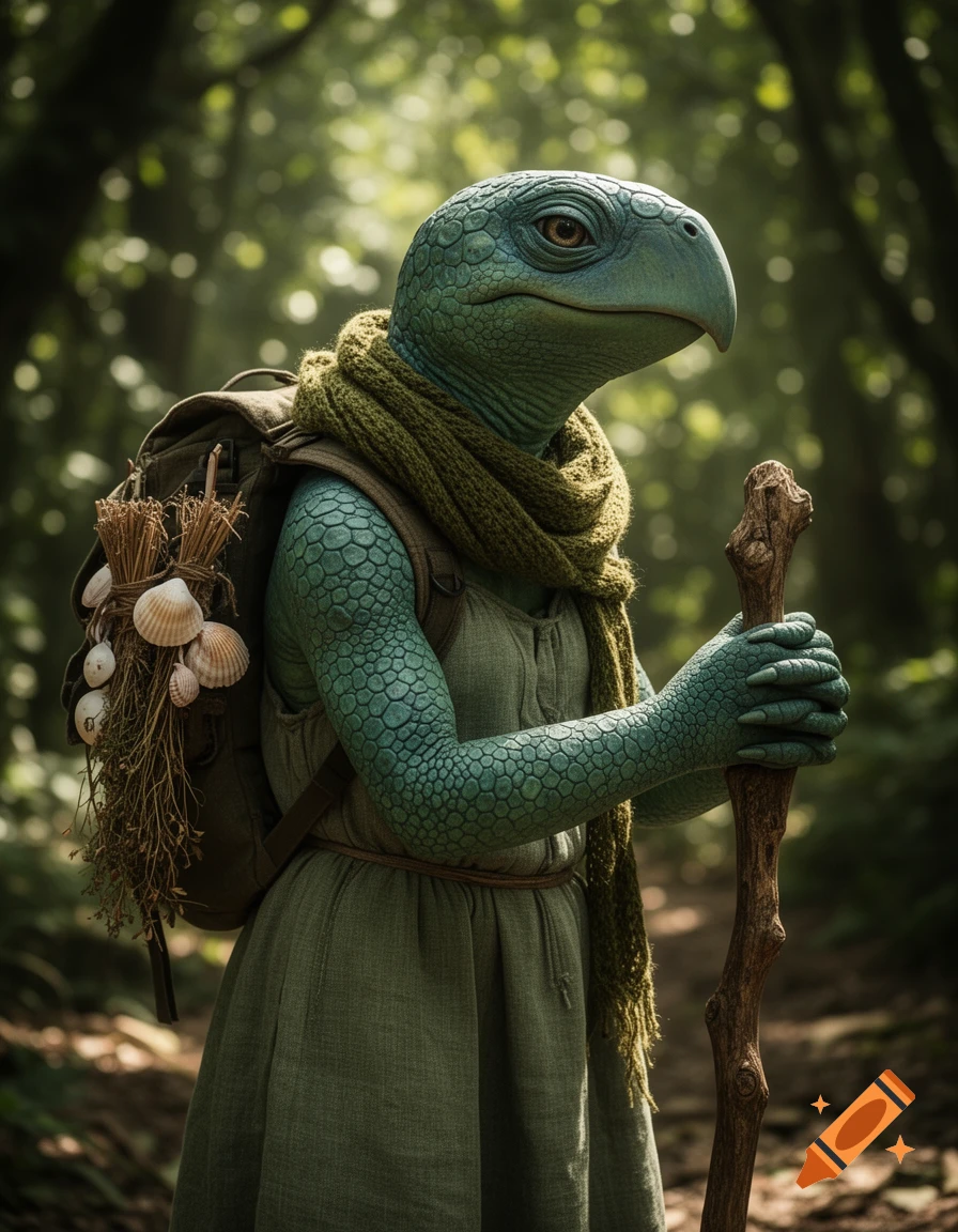 A photorealistic humanoid turtle with green scales, wearing a green scarf and dress, carrying a backpack with shells, holding a wooden staff on a forest path.