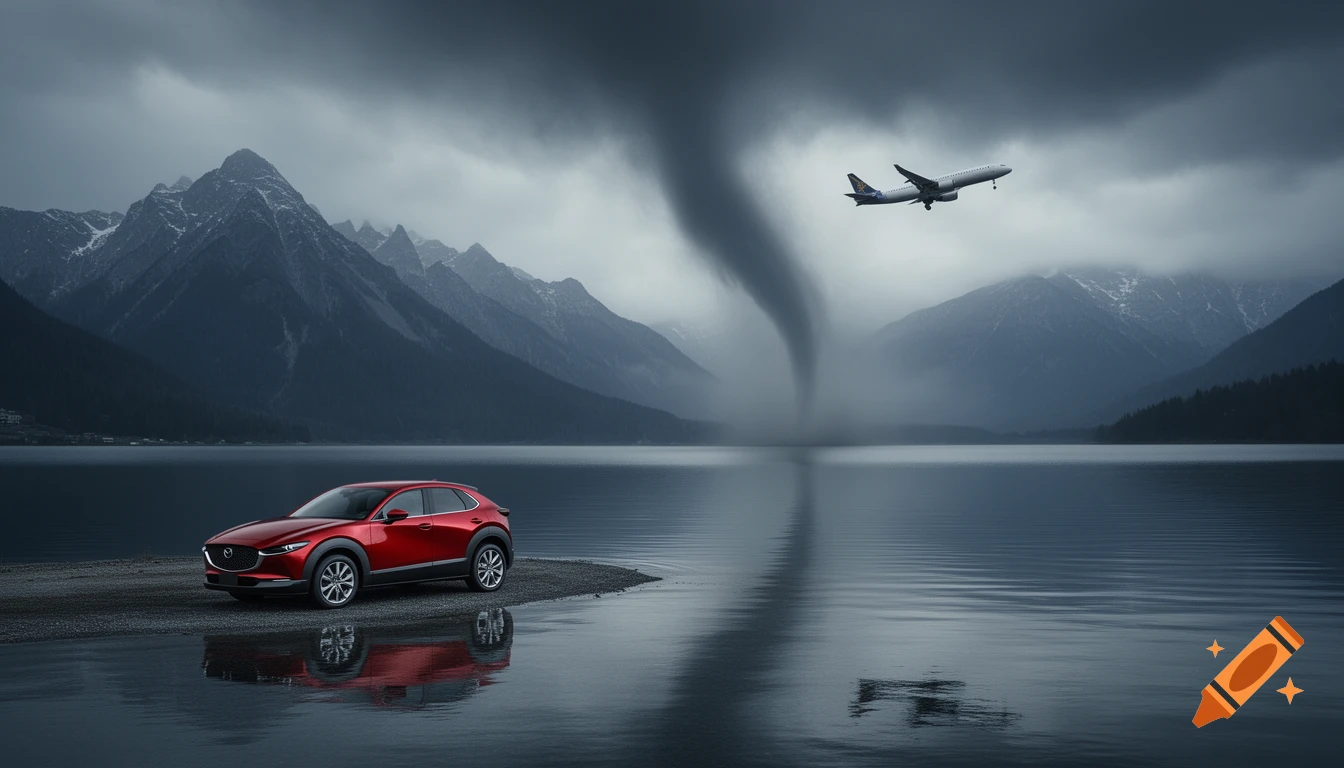 A red Mazda CX-30 on a lake shore, a large tornado behind it, with an airplane flying over mountains under a stormy sky.