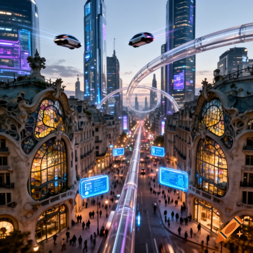 Futuristic cityscape with Art Nouveau buildings, flying cars, and illuminated transport tubes over a busy street.
