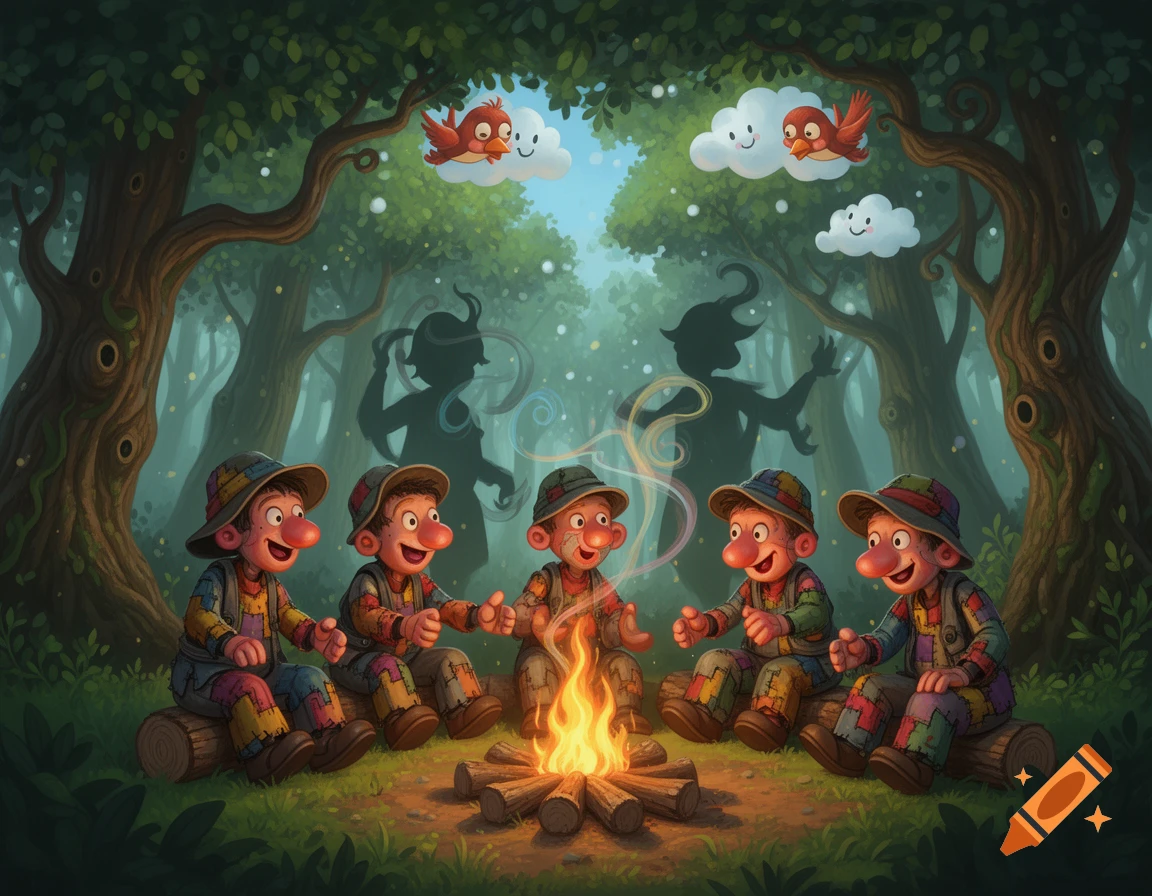 Five cartoon gnomes with patchwork clothes sit around a campfire in a magical forest with dancing shadow figures, smiling clouds, and birds.