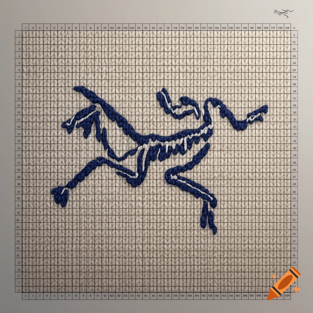 A blue Arc'teryx skeleton logo rendered as a knitted pattern on a grid chart with numbered axes.