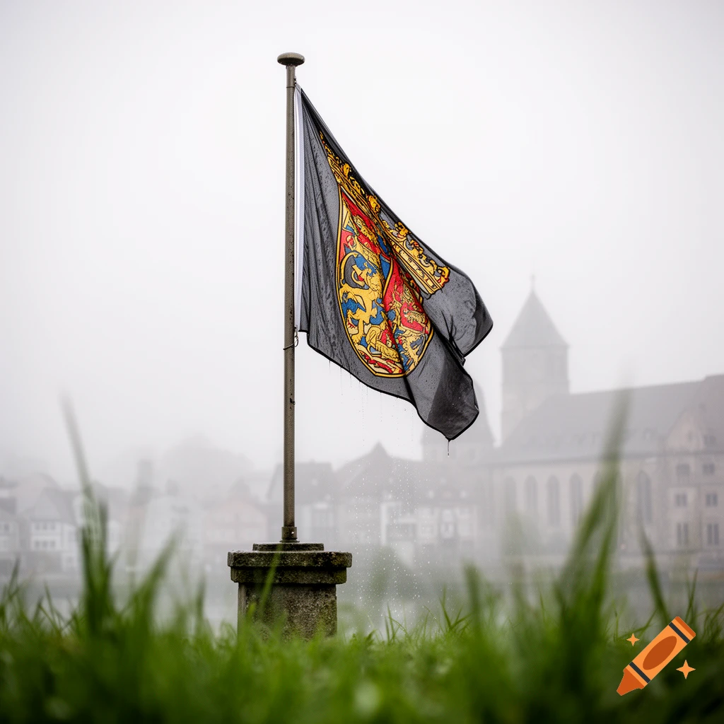 A wet black flag with a colorful coat of arms flies on a pole against a misty, blurred backdrop of a historic city and green grass.