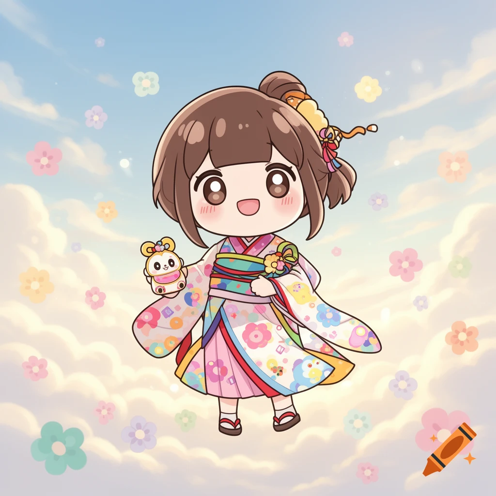 A cheerful chibi anime girl with brown hair in a colorful kimono holds a small white and pink animal plushie, floating in a cloudy blue sky with pastel flowers.