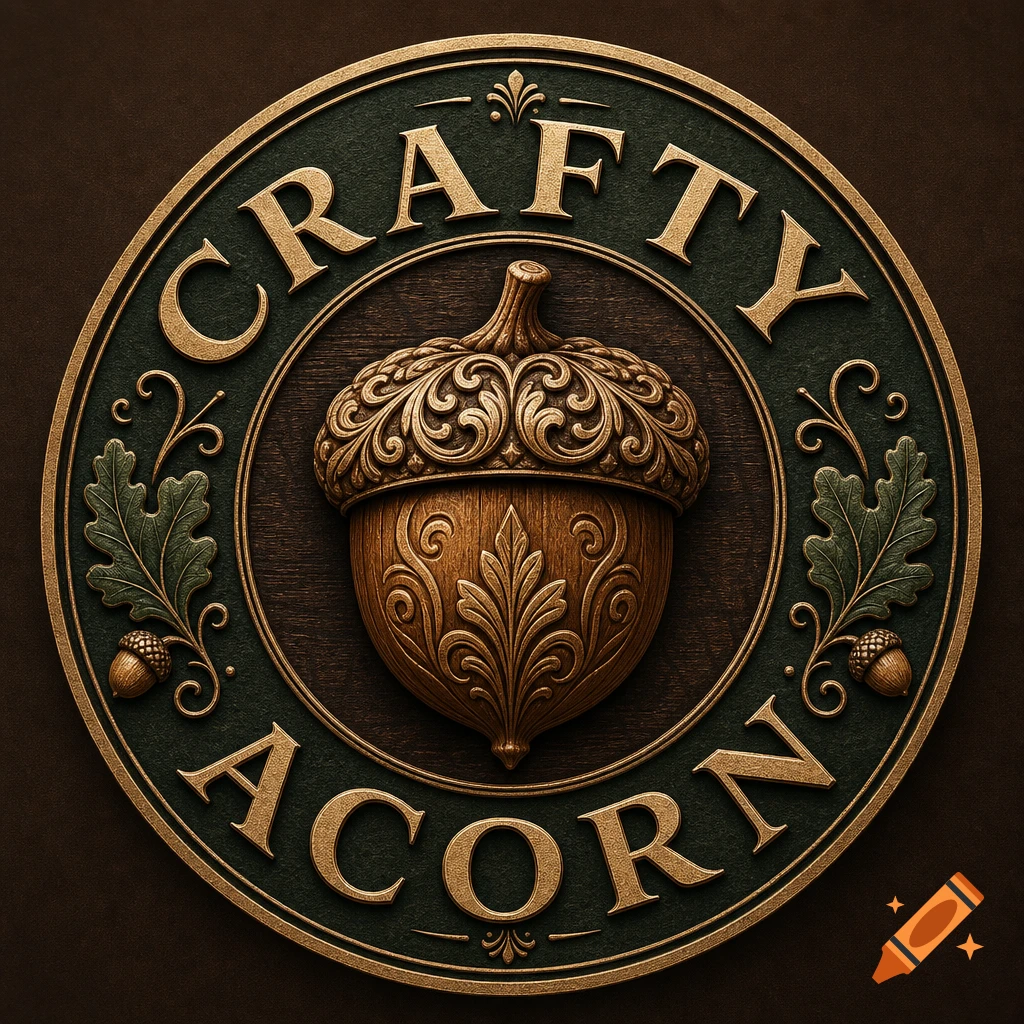A circular, embossed gold and green logo for 'CRAFTY ACORN' featuring a detailed ornate acorn and oak leaves.