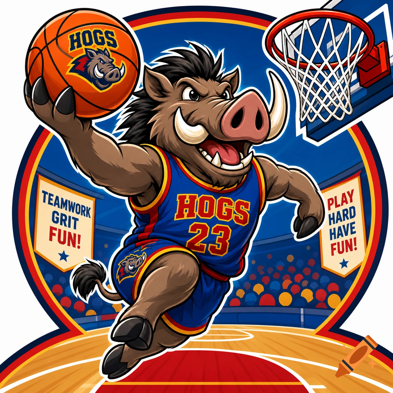 Vibrant cartoon warthog basketball mascot in a blue jersey, holding a basketball against a stadium background with banners.