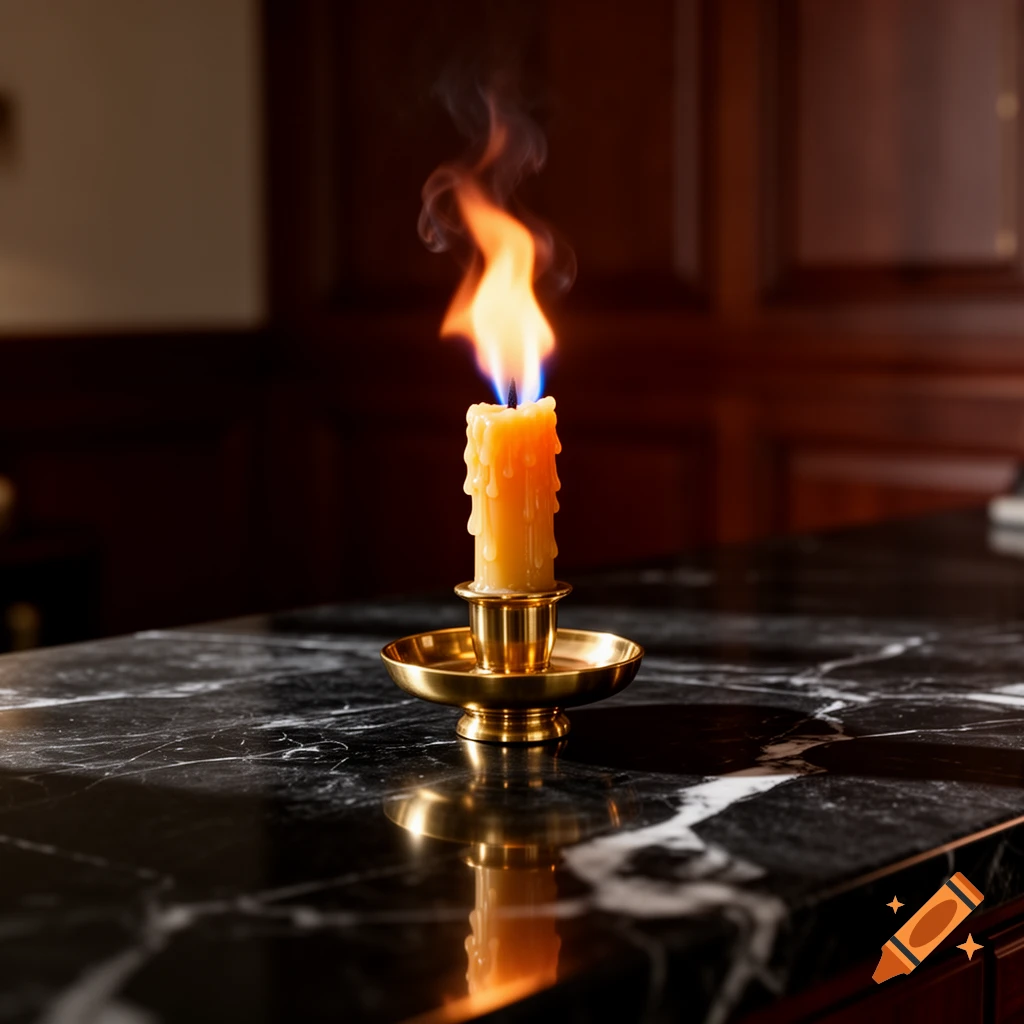 A lit beeswax candle in a golden holder on a black marble table, with a prominent orange and blue flame and smoke.