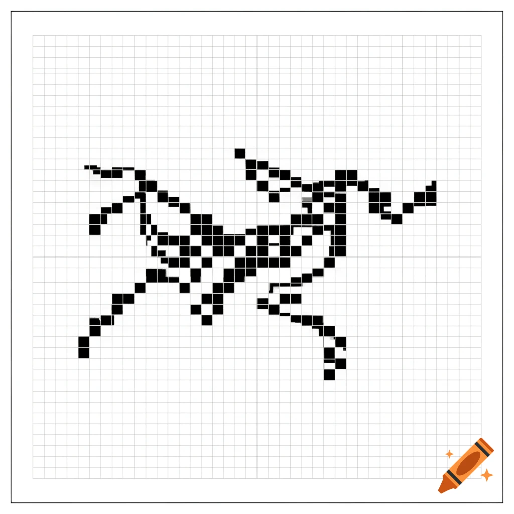 A black pixel art rendition of the Arc'teryx bird logo on a white grid.