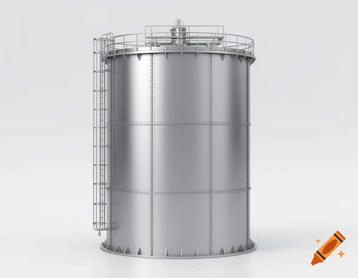 3D rendering of a metallic industrial storage tank with a ladder and railing, on a clean white background.