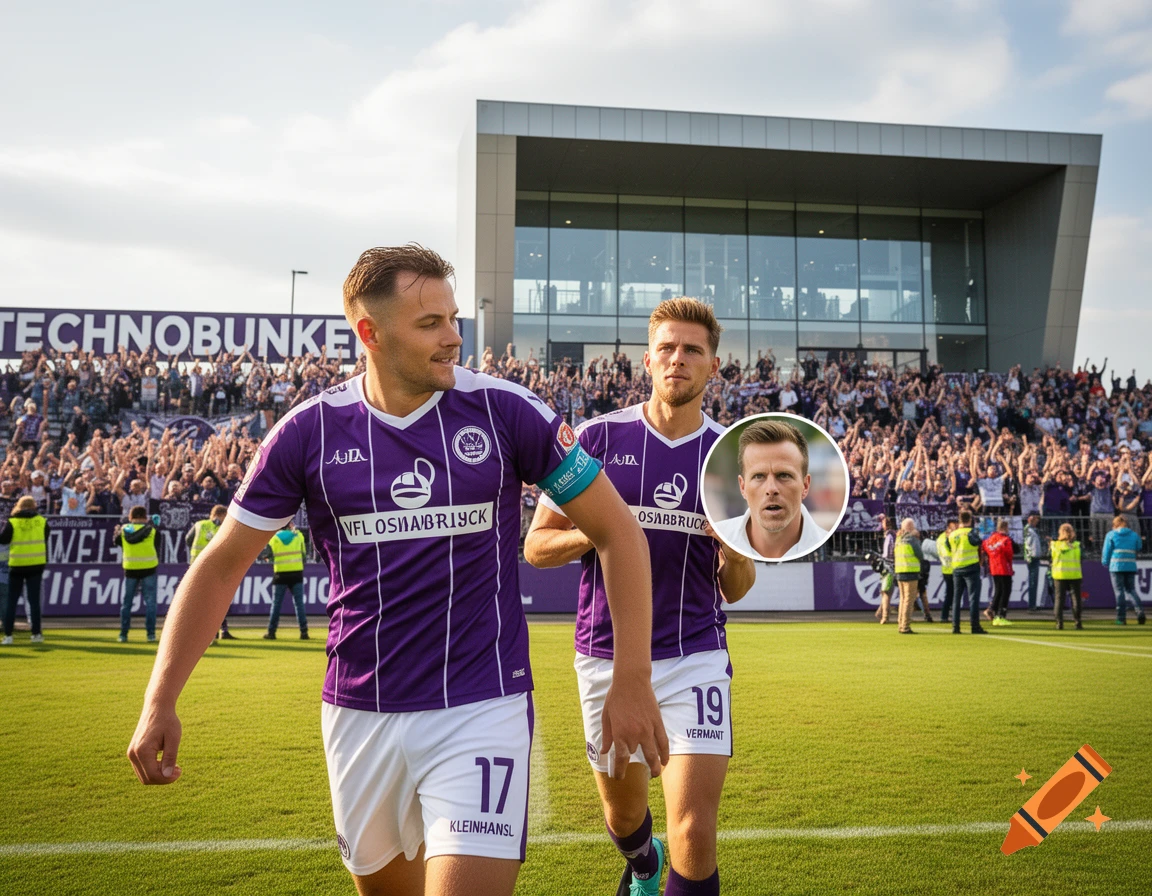 Two football players in purple and white jerseys on a green field in front of a stadium and cheering crowd, with a circular photo of another man overlayed.