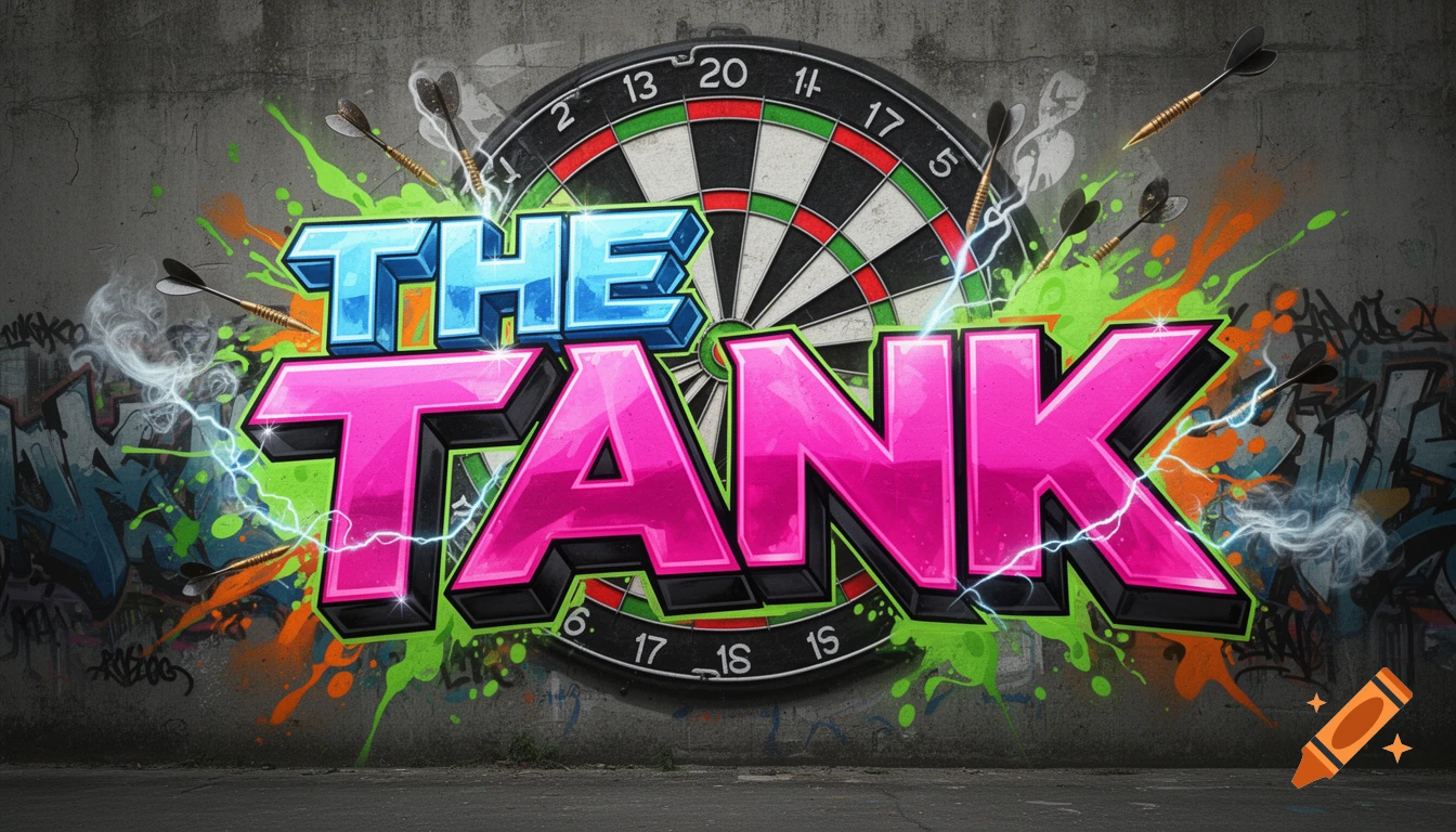 Colorful comic-style graffiti 'THE TANK' on a concrete wall, with a dartboard, flying darts, paint splashes, smoke, and lightning effects.