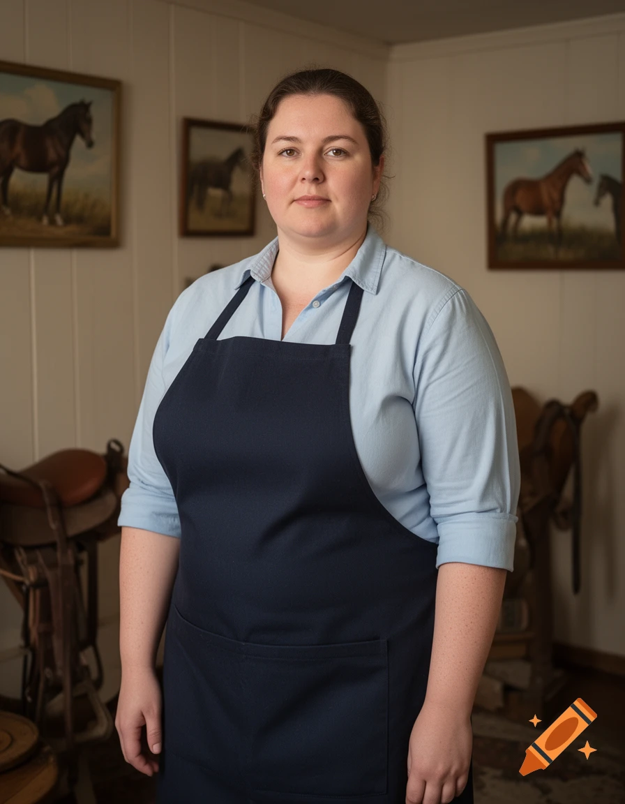 A woman in a light blue shirt and dark blue apron stands in a room with horse paintings and a saddle in the background.