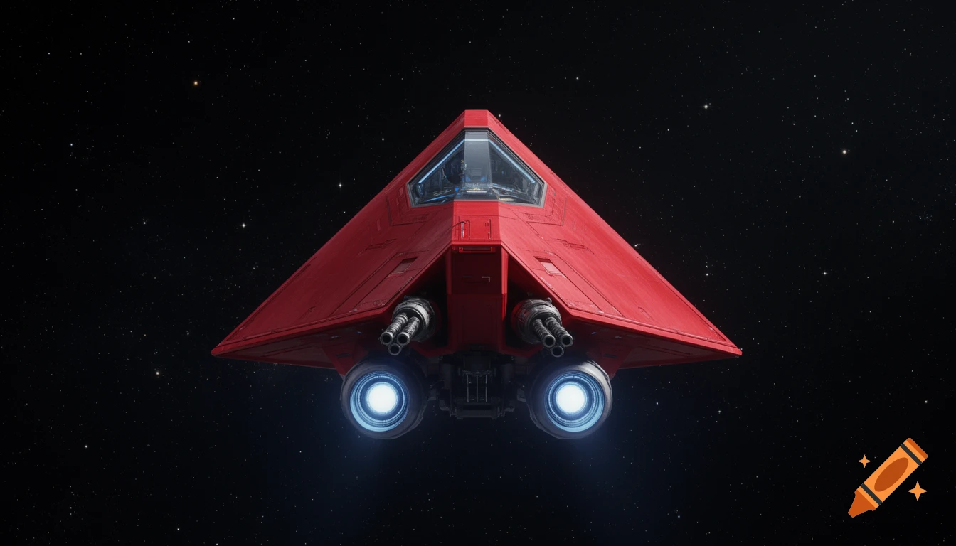 A red, flattened pyramid spaceship with two forward guns and two glowing blue engines, flying through a star-filled space. Photorealistic.