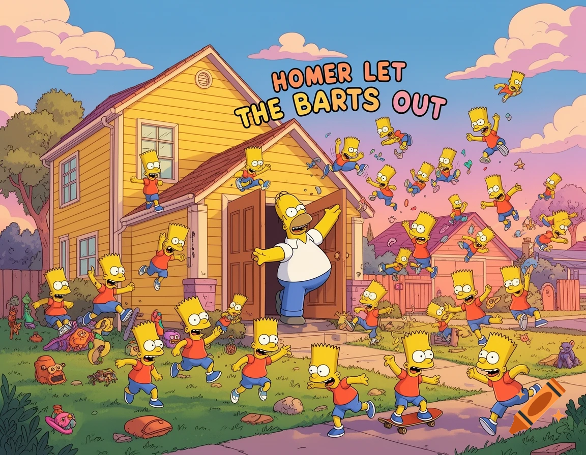 Homer Simpson watches as many Bart Simpsons flood out of his suburban house into the colorful yard, with the text 'HOMER LET THE BARTS OUT' in the sky.
