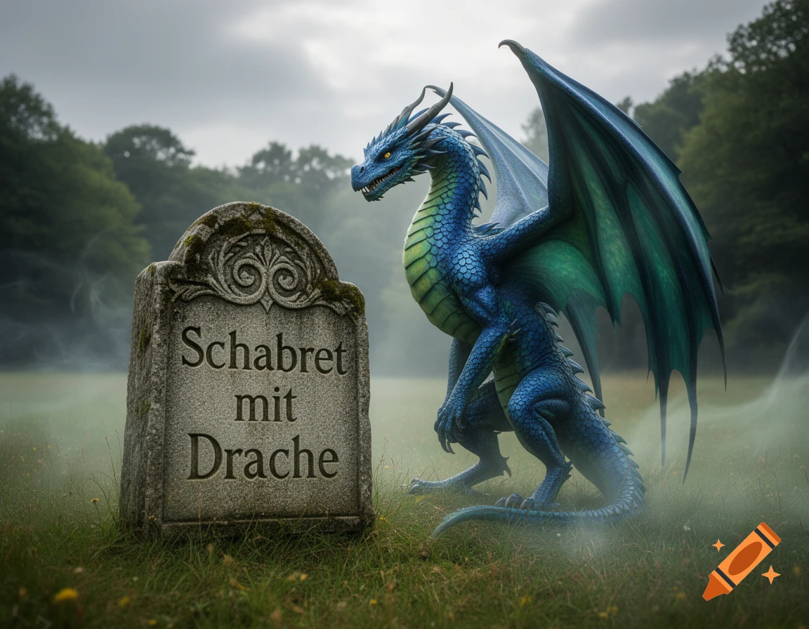 A blue and green dragon stands next to a mossy stone tombstone in a misty, grassy field. Trees are in the background.