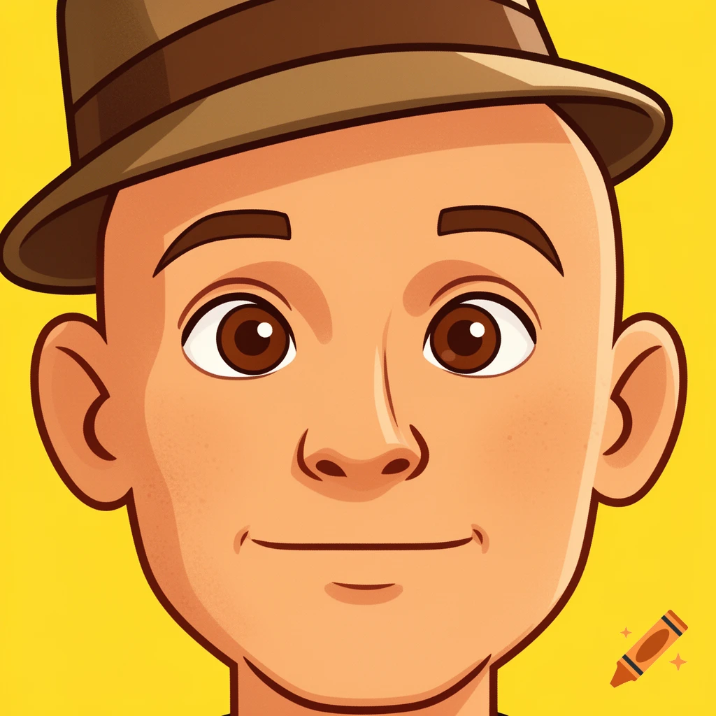 Close-up cartoon portrait of a bald man with a brown hat, brown eyes, in the style of the Guess Who game.