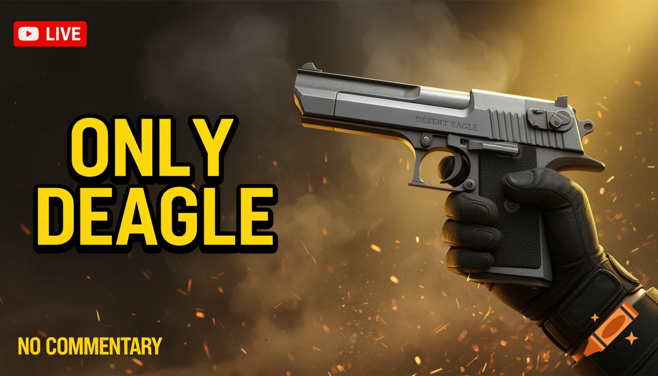 A dramatic YouTube gaming thumbnail featuring a large Desert Eagle pistol held by a gloved hand against a smoky, fiery background, with the bold yellow text 'ONLY DEAGLE' and a 'LIVE' badge.