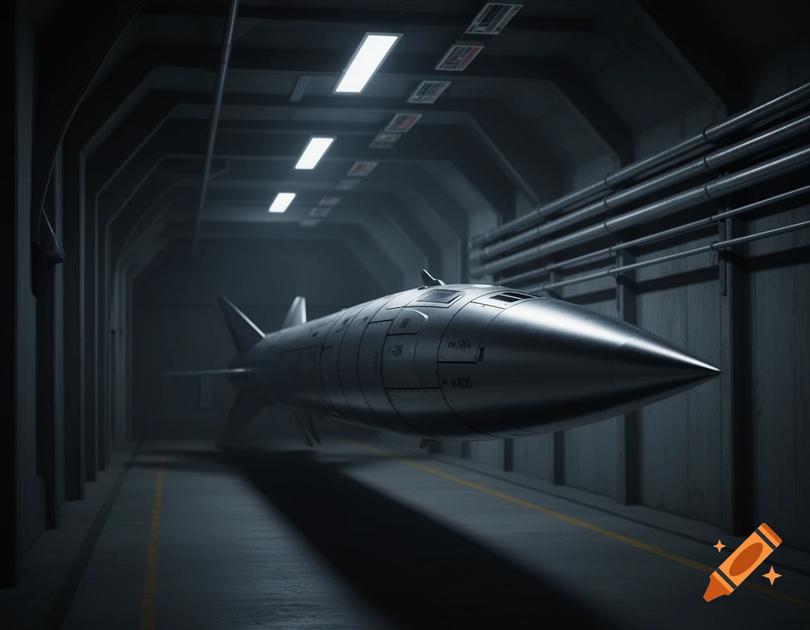 A sleek, metallic, futuristic missile with fins, floating in a dark, concrete underground tunnel with strip lighting.
