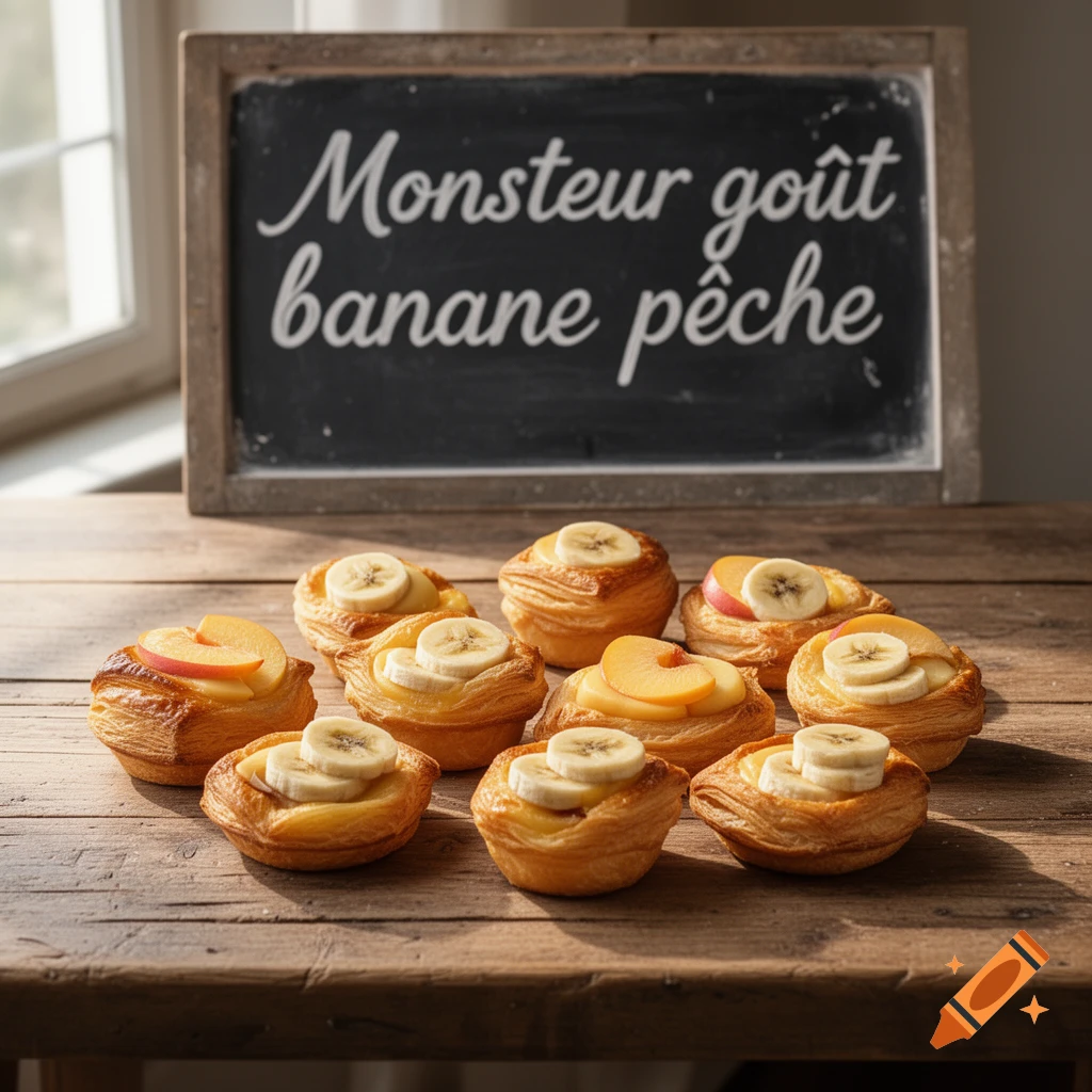 Photorealistic pastries topped with banana and peach slices on a wooden table, a blackboard with French text behind them.