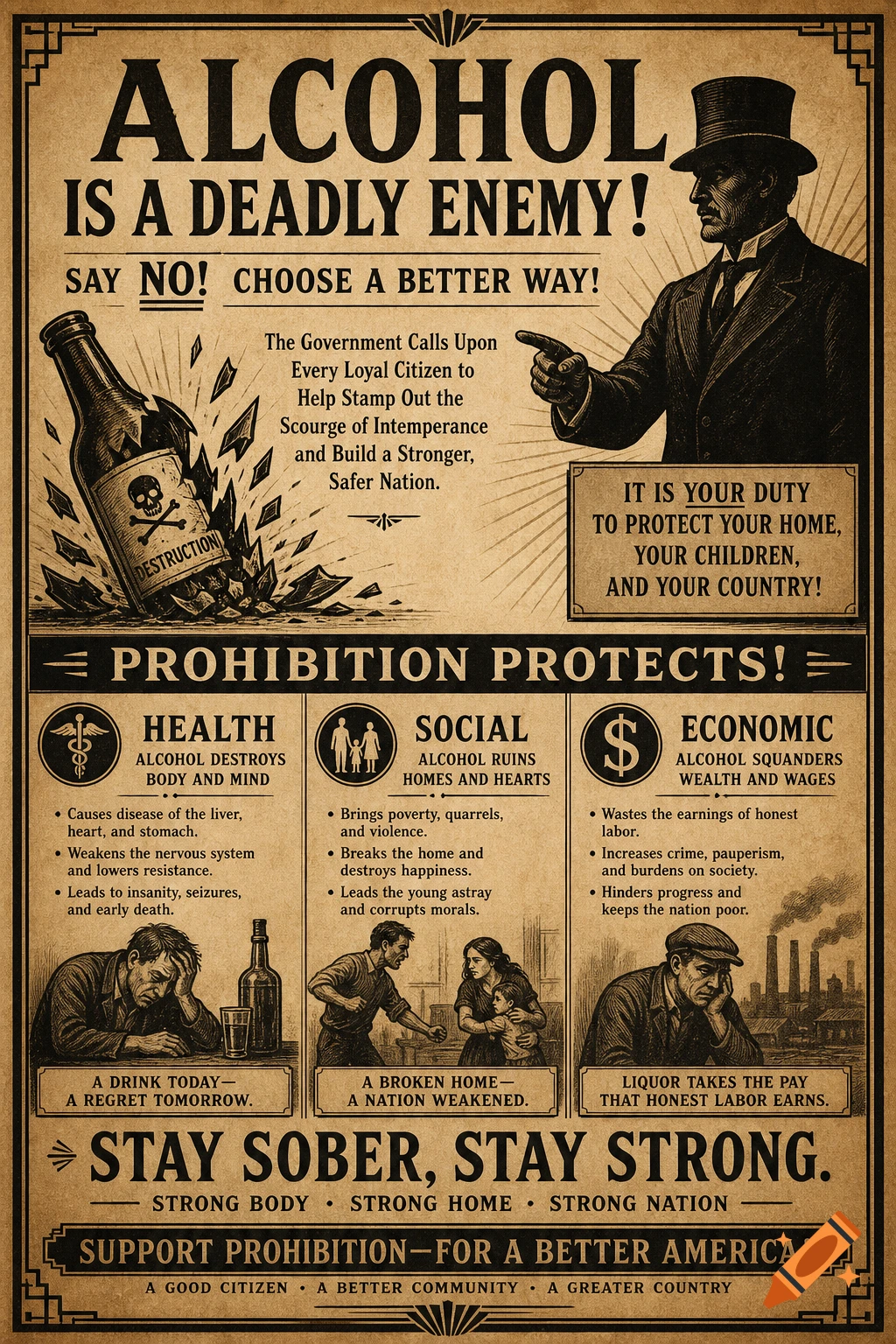 A vintage 1910s style prohibition poster against alcohol, featuring text warnings about health, social, and economic dangers, with illustrations of a man pointing, a shattered alcohol bottle, and suffering families.