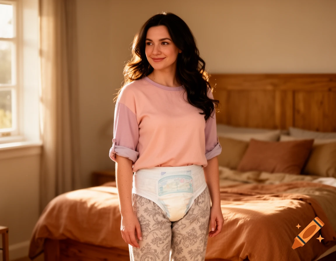 A woman stands in a bedroom, wearing a pink and purple t-shirt and an adult diaper over patterned pants.