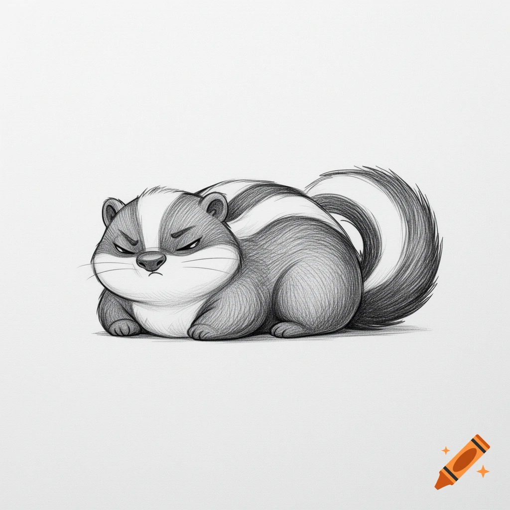 Pencil sketch of a grumpy, chubby skunk lying down on a white background.